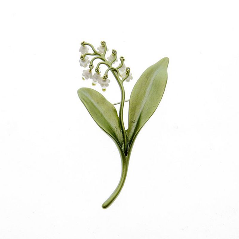 欧美饰品vintage女款天然珍珠花芯爆款山谷百合铃兰绿色烤漆胸针