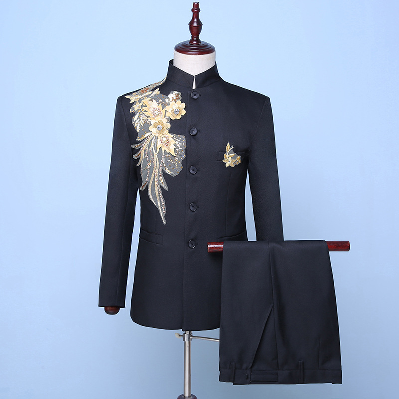 刺绣中山装大合唱团演出服男士中老年舞台表演服装主持人歌手礼服