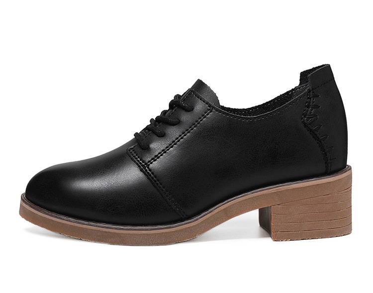2018春季新款欧美英伦小皮鞋女系带中跟单鞋女真皮粗跟中跟鞋黑色