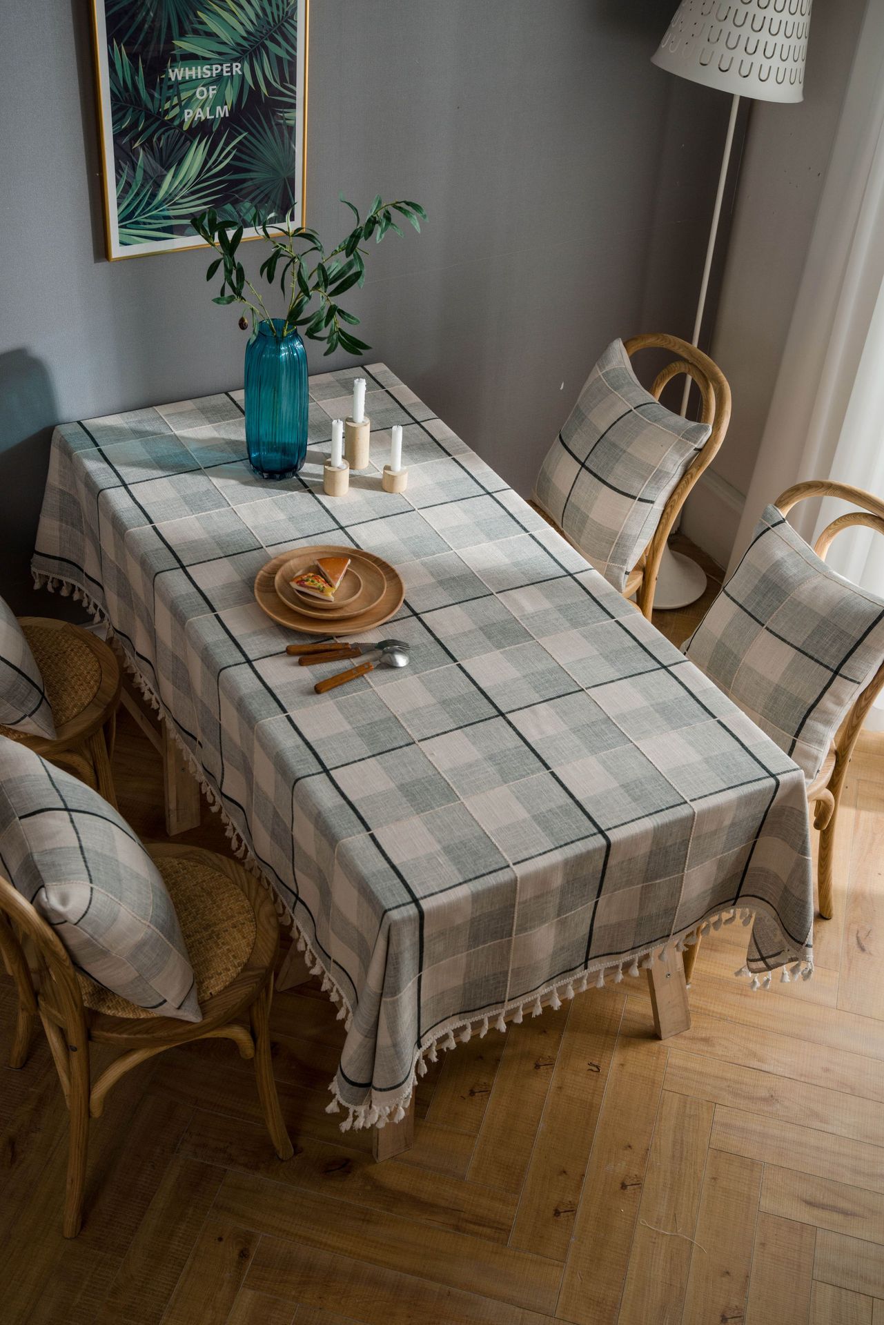 灰色格子绣花流苏桌布棉麻美式长城长方形茶几餐桌布