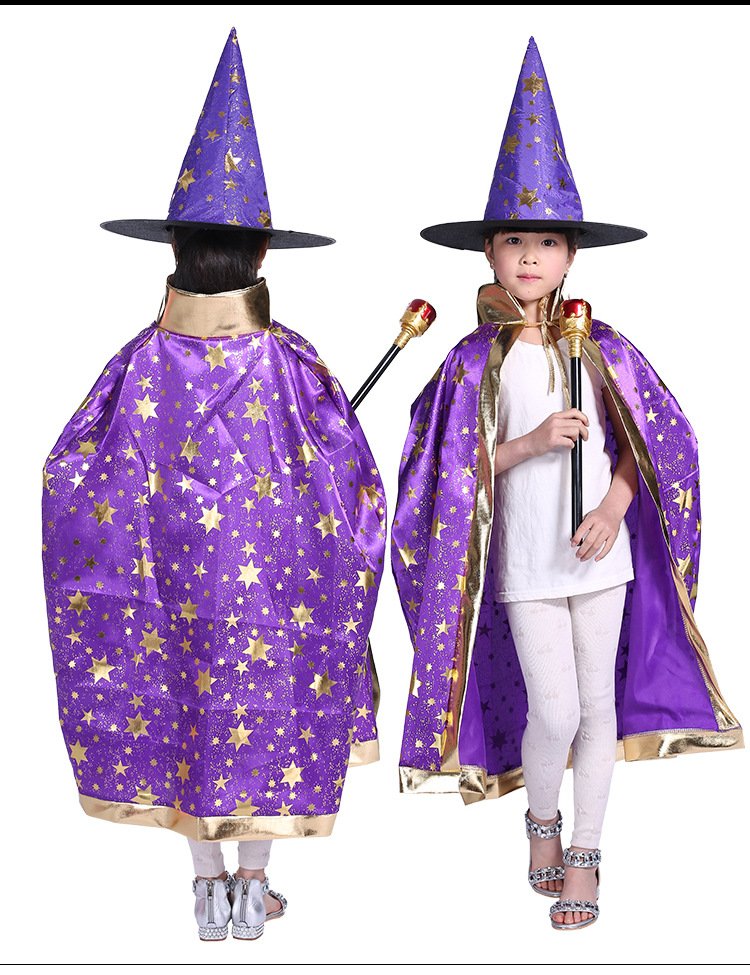 万圣节魔法师斗蓬帽儿童披肩化装舞会五星牛角披风斗篷表演出服装