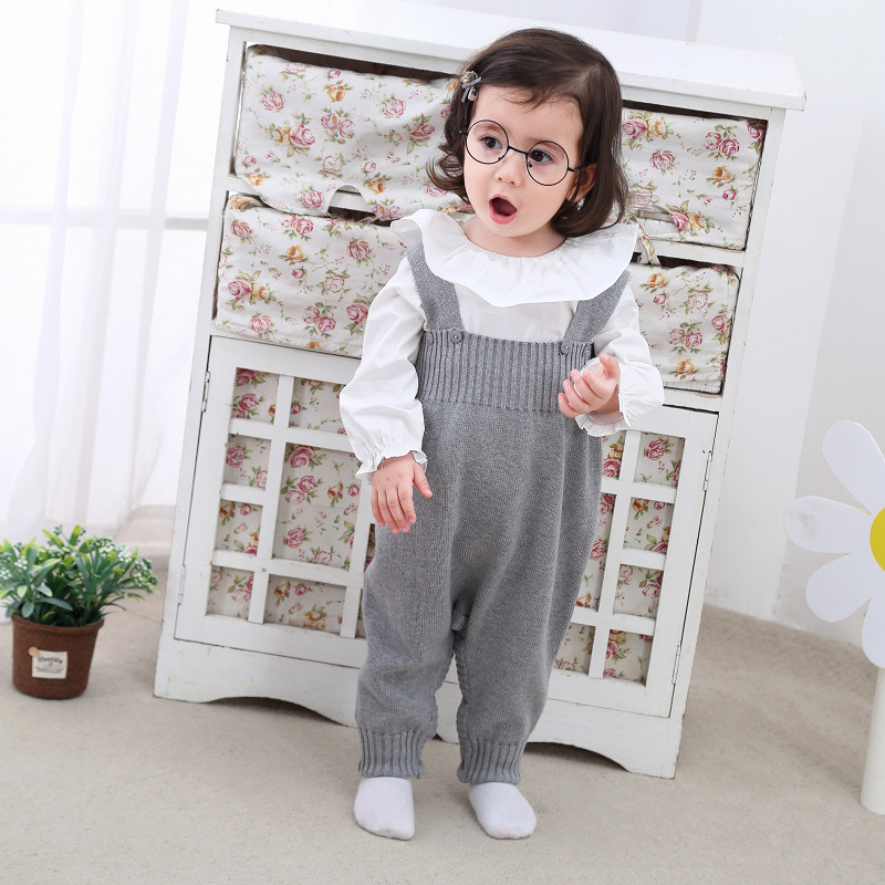 婴儿背带裤 春秋可开档0-1-2岁男女宝宝毛线针织纯棉裤子两面穿