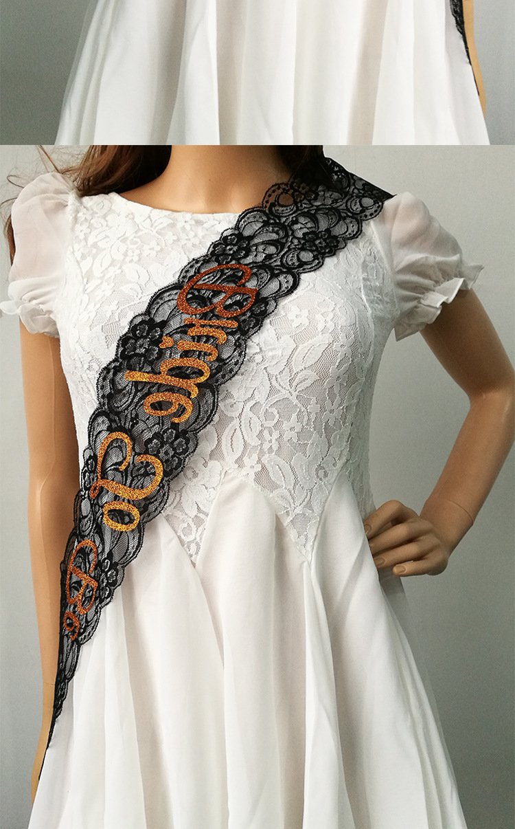 跨境热销bride to be 黑色无弹蕾丝金色葱粉贴片肩带节庆礼仪带