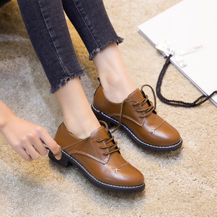 鞋子女粗跟韩版学生百搭英伦风女鞋春季单鞋系带学院风复古小皮鞋