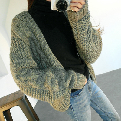 韩国时尚百搭宽松开衫编织麻花复古风毛衣外套女8286