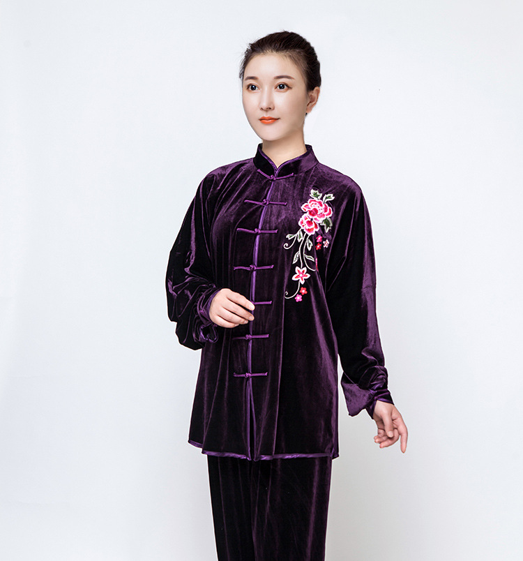 小和山太极服女金丝绒秋冬加厚春秋练功刺绣2018新款太极拳服装男