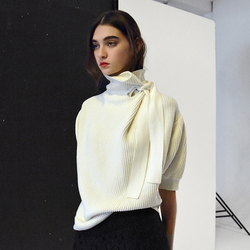 欧洲站时尚毛衣女针织套头修身显瘦五分泡泡袖不规则打底衫f0742