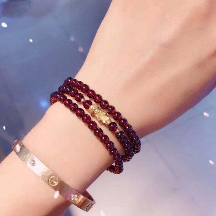 正品999千足金黄金貔貅元宝天然石榴石女式手串 招财辟邪手链包邮