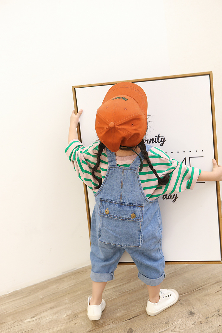 韩版婴小童批发背面口袋牛仔背带裤2018春季新款男女宝宝童裤热卖