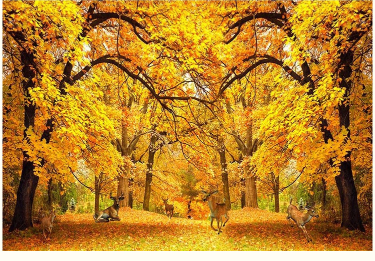 电视背景墙_大型无缝墙布金色风景麋鹿壁纸卧室客厅墙