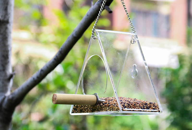 三角盘喂鸟器亚克力喂鸟器悬挂带吸盘玻璃鸟喂食器户外吸盘悬挂