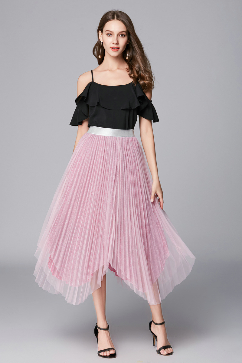 甜美不规则闪闪发光网纱撞色半身裙女中长款大摆百褶裙蓬蓬裙8530