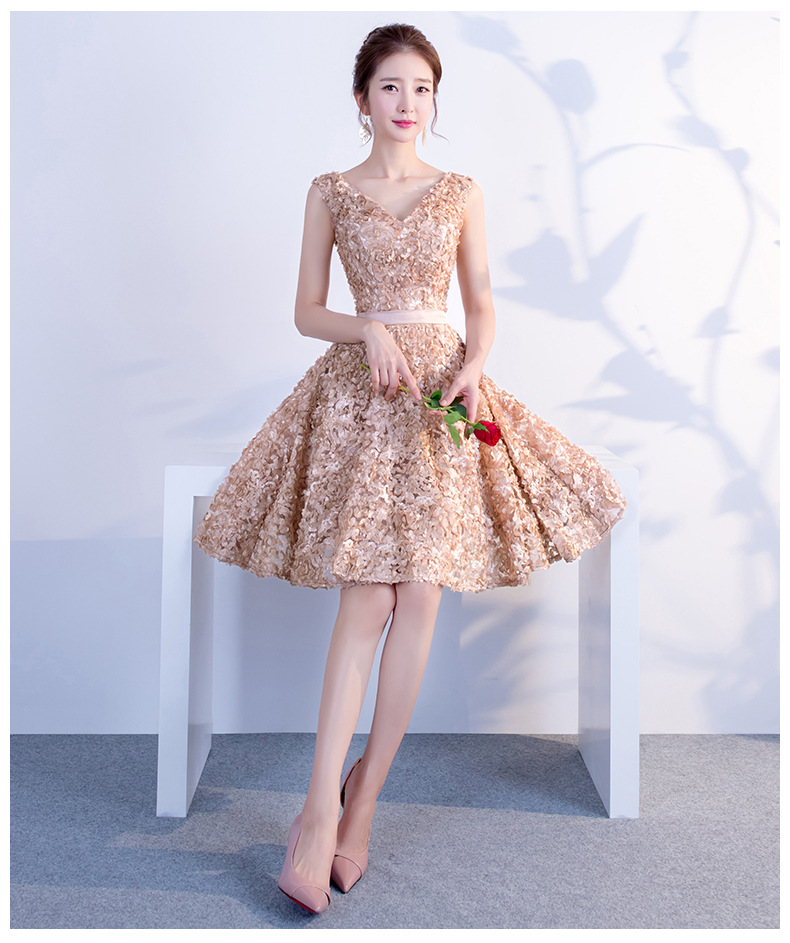 宴会晚礼服女短款小礼服2021新款香槟色生日派对连衣裙修身伴娘服