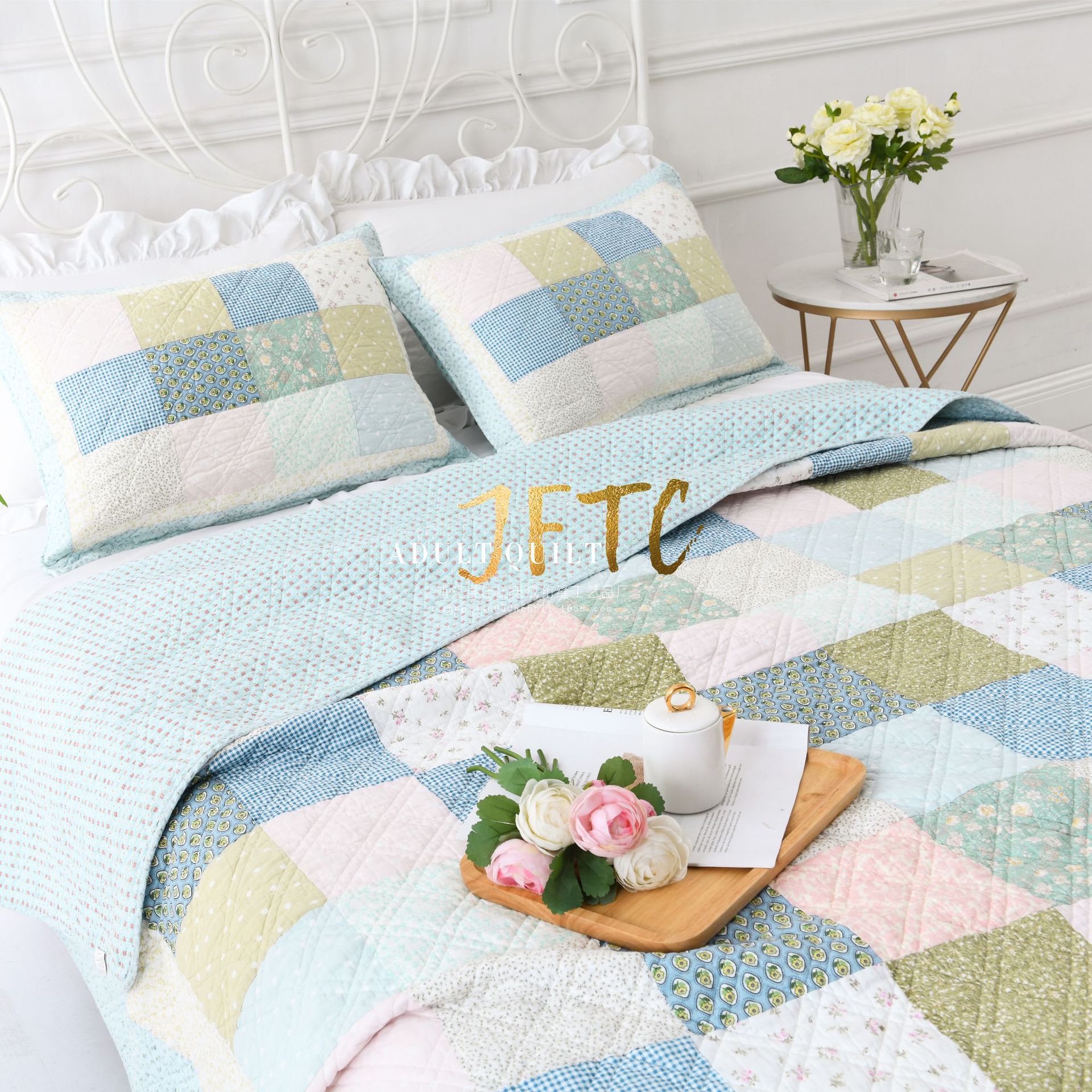 外贸韩国床盖水洗绗缝被手工拼布蓝色系床单拼布空调被床罩三件套