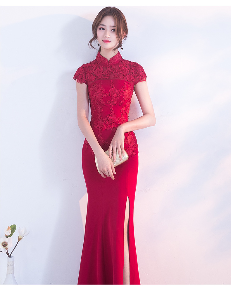 2019秋冬新款性感长款修身鱼尾旗袍中式结婚晚礼服裙红色敬酒服女