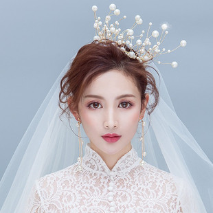 新款韩式唯美手工串珠珍珠皇冠头饰耳环套装新娘结婚纱配饰品