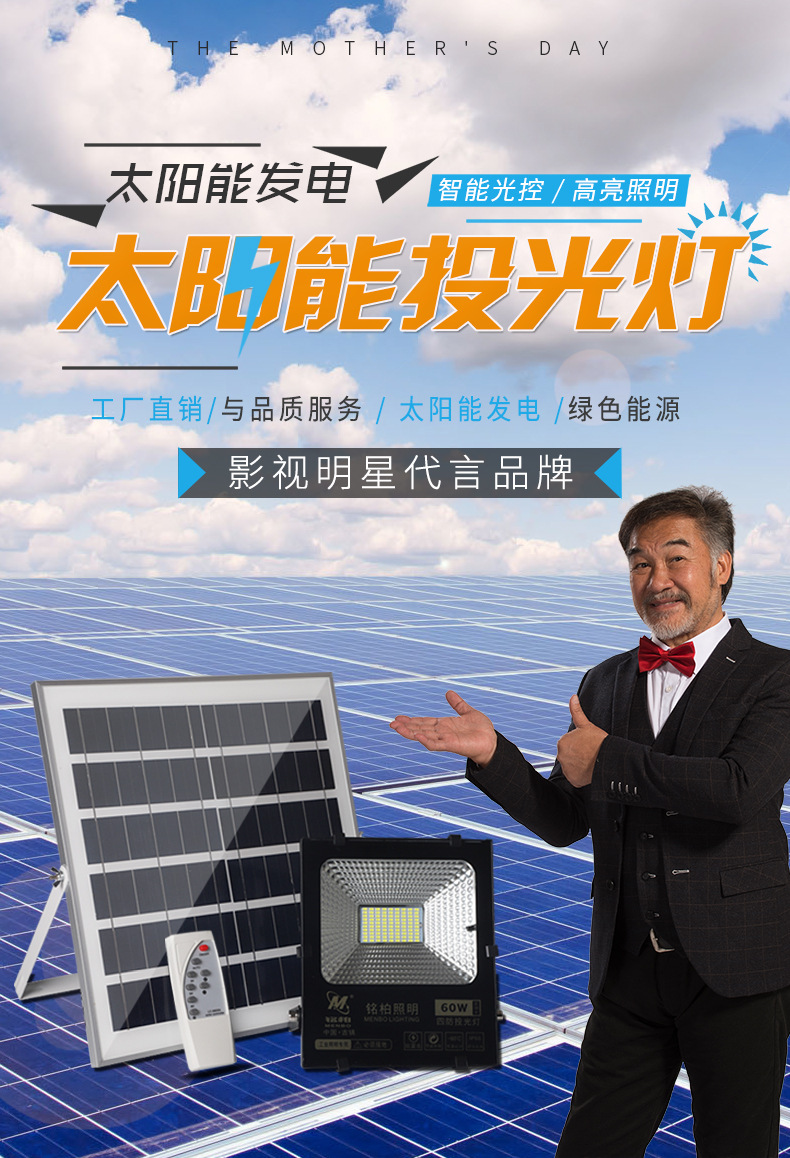 太阳能投光灯 户外庭院太阳能投光灯 家用防水led太阳能投光灯