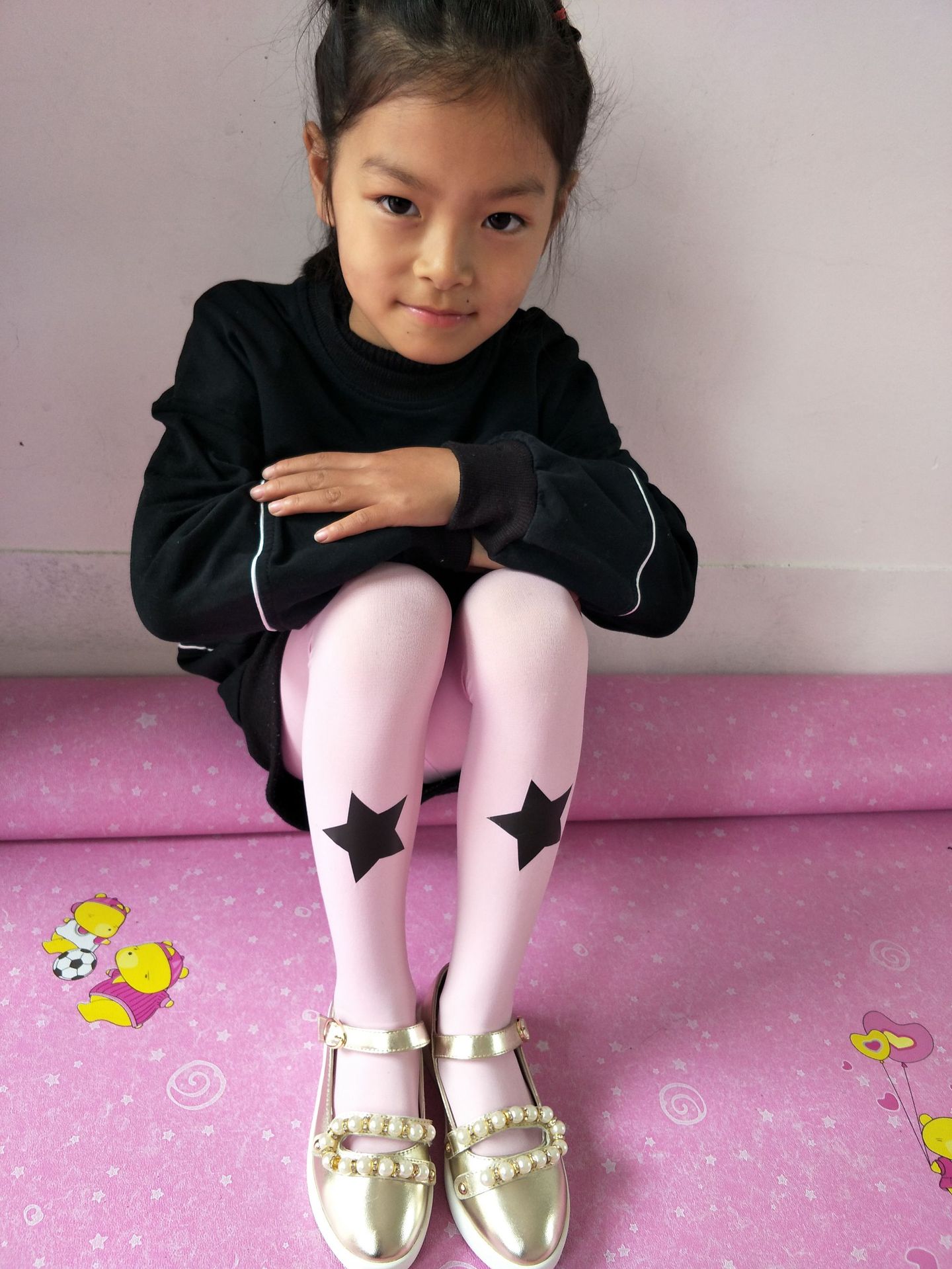 2018春夏新款 五角星烫花儿童连裤袜 中大童女童印花天鹅绒袜子