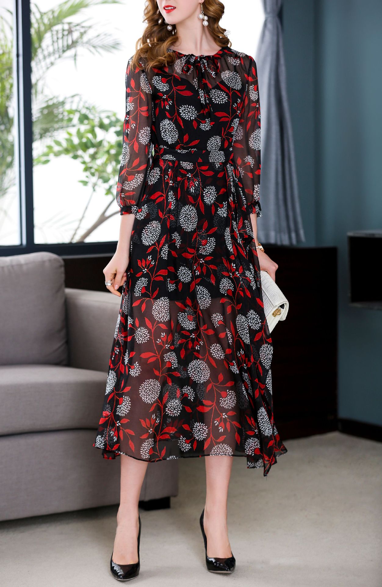 2018春季新款长袖真丝印花连衣裙飘带领花朵大摆真丝连衣裙高端女