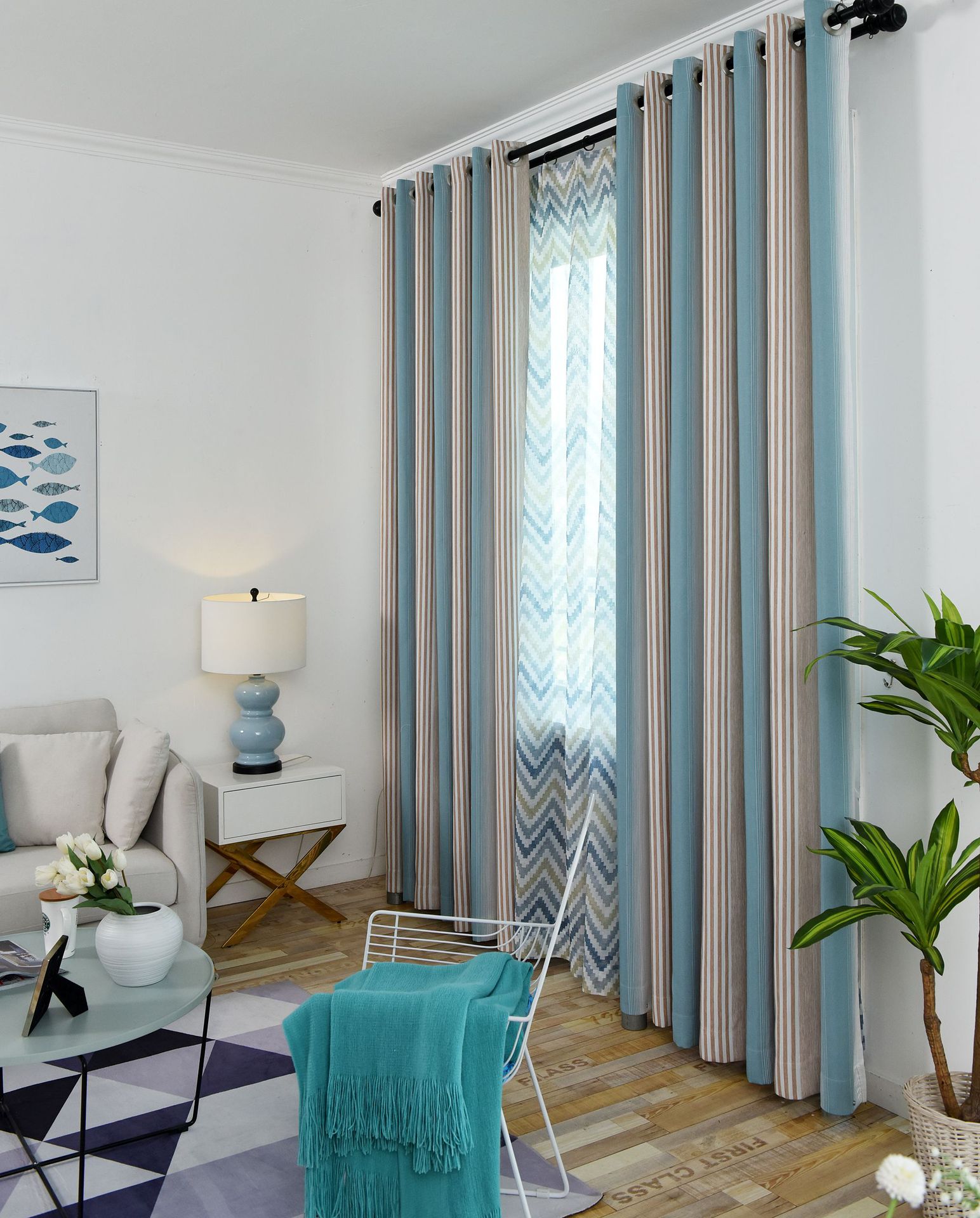 北欧风简约现代客厅卧室飘窗地中海定制窗帘遮光条纹棉麻窗帘成品