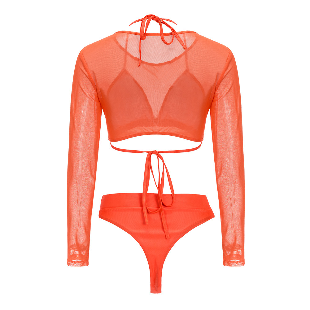 速卖通wish夏季热款 性感透视网纱 比基尼泳衣三件套