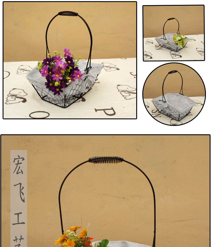 铁艺花蓝手提花篮 插花神器 欧式摆件铁丝布艺花篮厂家批发