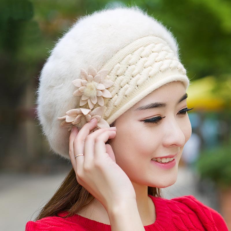 秋冬季兔毛帽子女士韩版时尚潮贝雷帽冬天加绒加厚保暖针织毛线帽