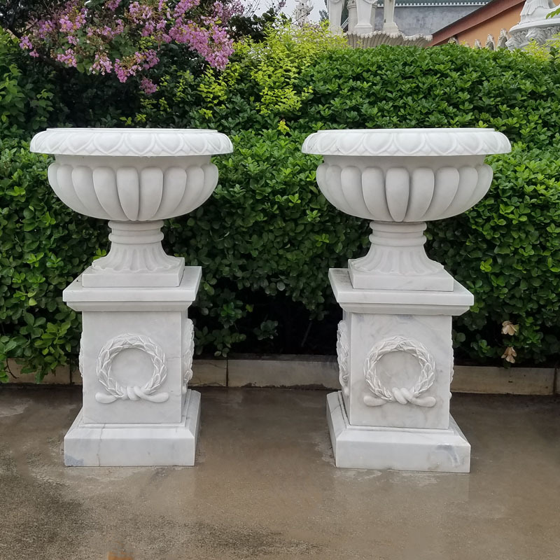 供应园林景观石雕花盆 工厂直销手工雕刻大理石石材花盆欧式风格
