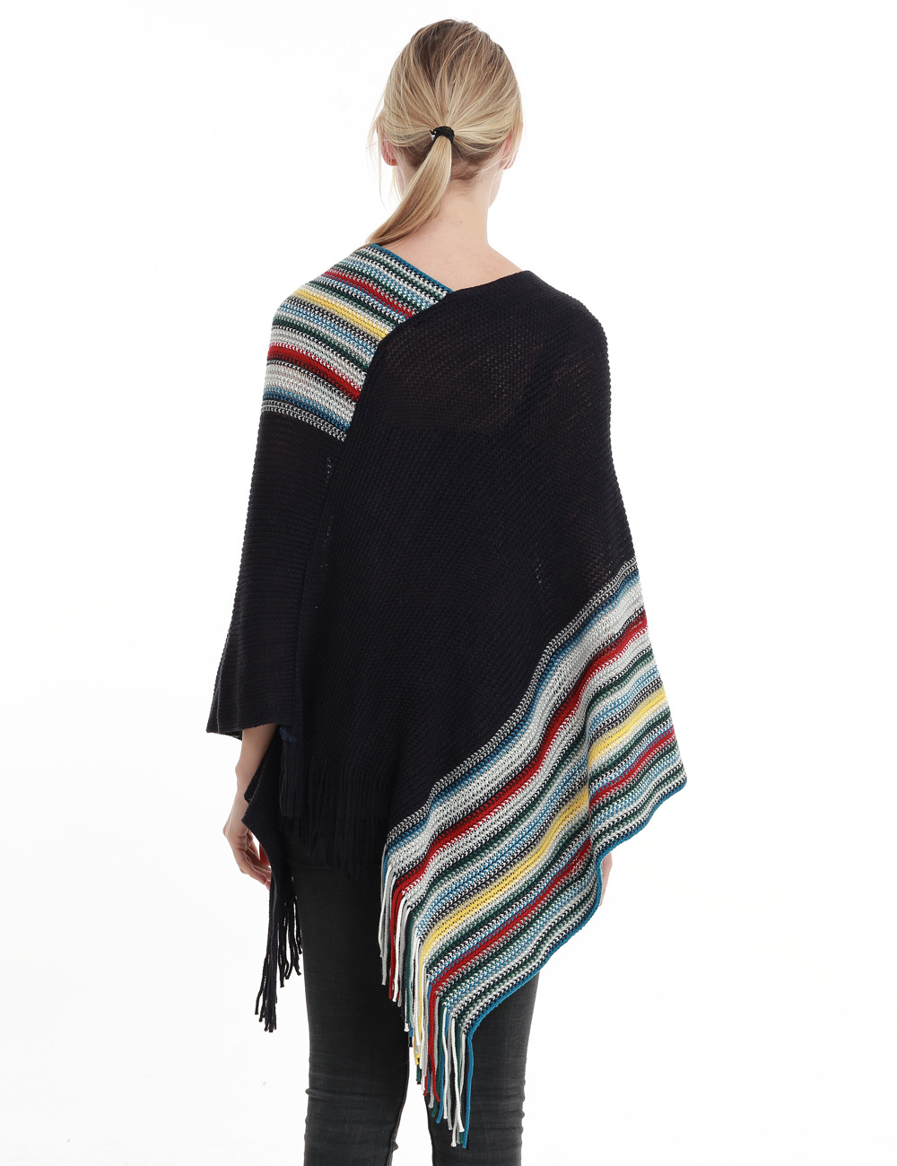 欧美大码女装春季新款时尚斗篷宽松大码波浪纹流苏斗篷披肩现货