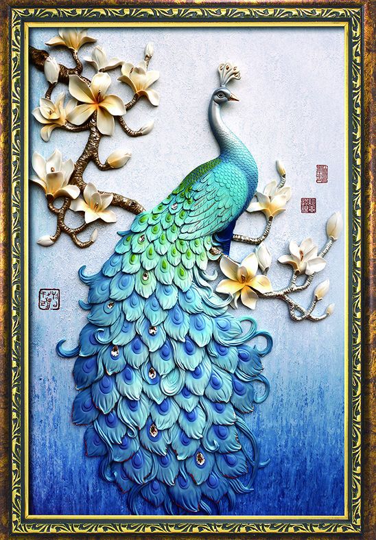 现代清新立体浮雕油画壁纸孔雀玄关背景墙无框装饰画走廊无缝壁画