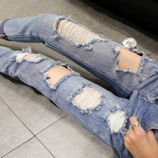 春夏牛仔裤女九分裤 韩版潮bf风宽松烂洞小脚裤破洞女生裤子乞丐