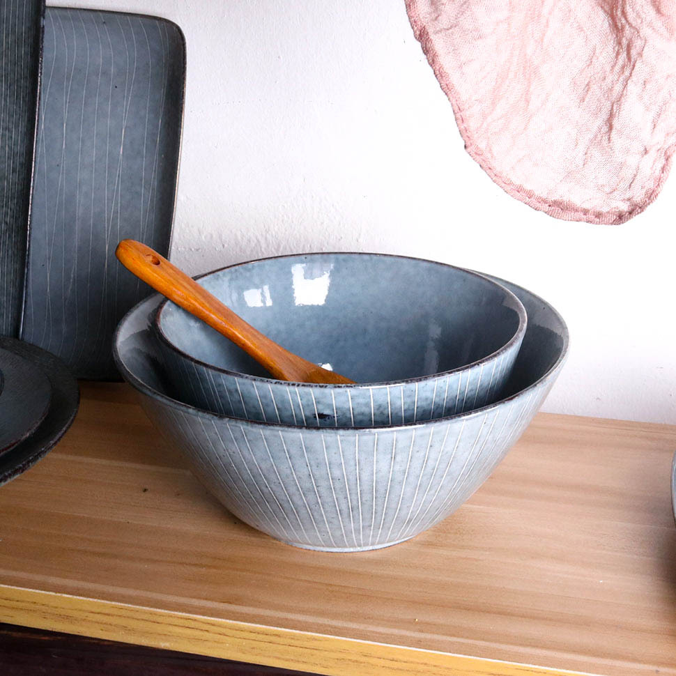 复古条纹陶瓷大碗 个性线条家用菜碗沙拉碗汤面碗酒店摆台餐具