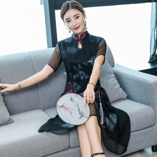 2018夏装新款改良旗袍女连衣裙绸缎中长款优雅修身时尚连衣裙