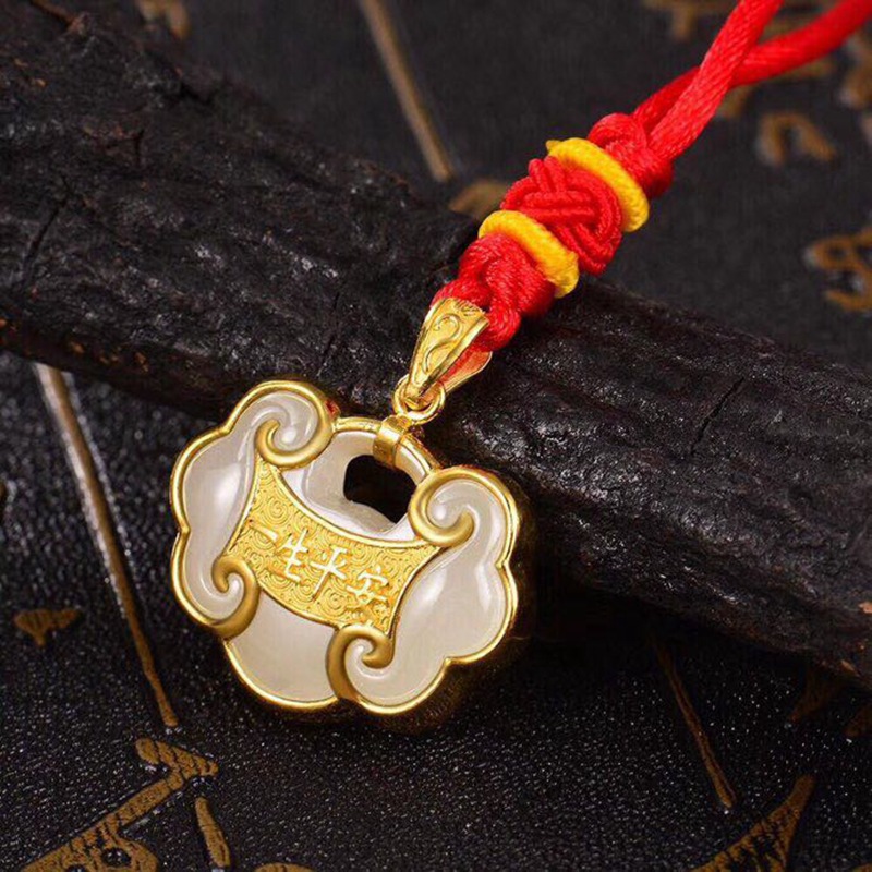 足金和田玉吊坠宝宝锁福锁金镶玉吊坠项链满月礼2019新款纯黄金