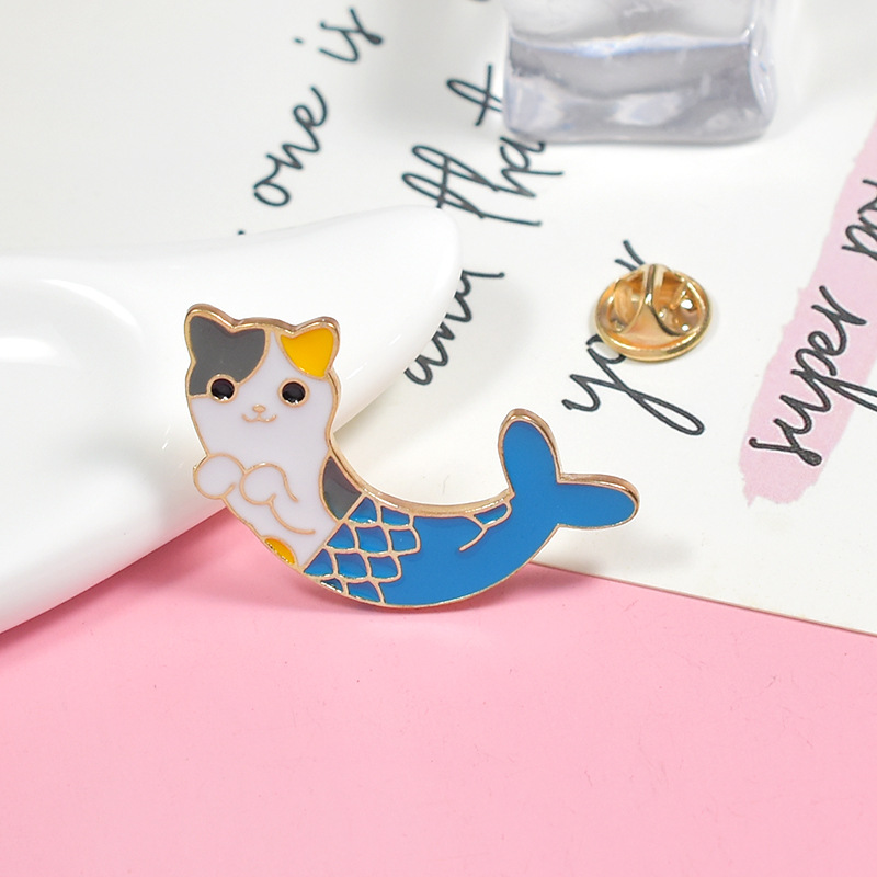 2019外贸新款 卡通可爱美人鱼猫头鱼身美喵鱼胸针 厂家批发