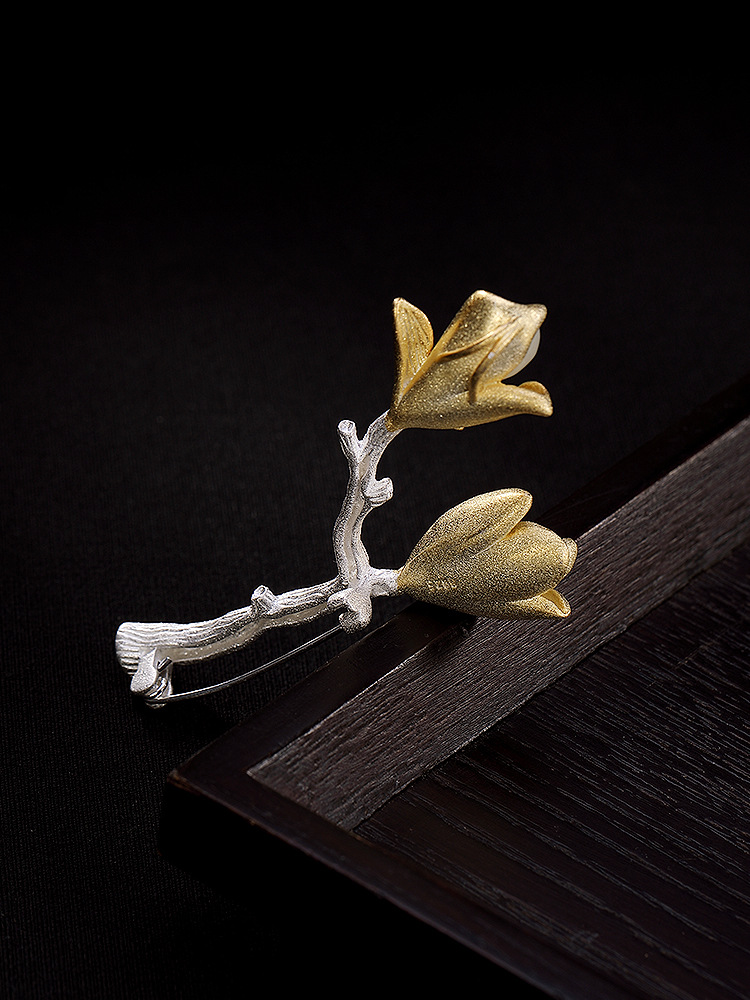 s925纯银镶嵌和田玉白玉碧玉玉兰花树根树枝款胸针货号g10000