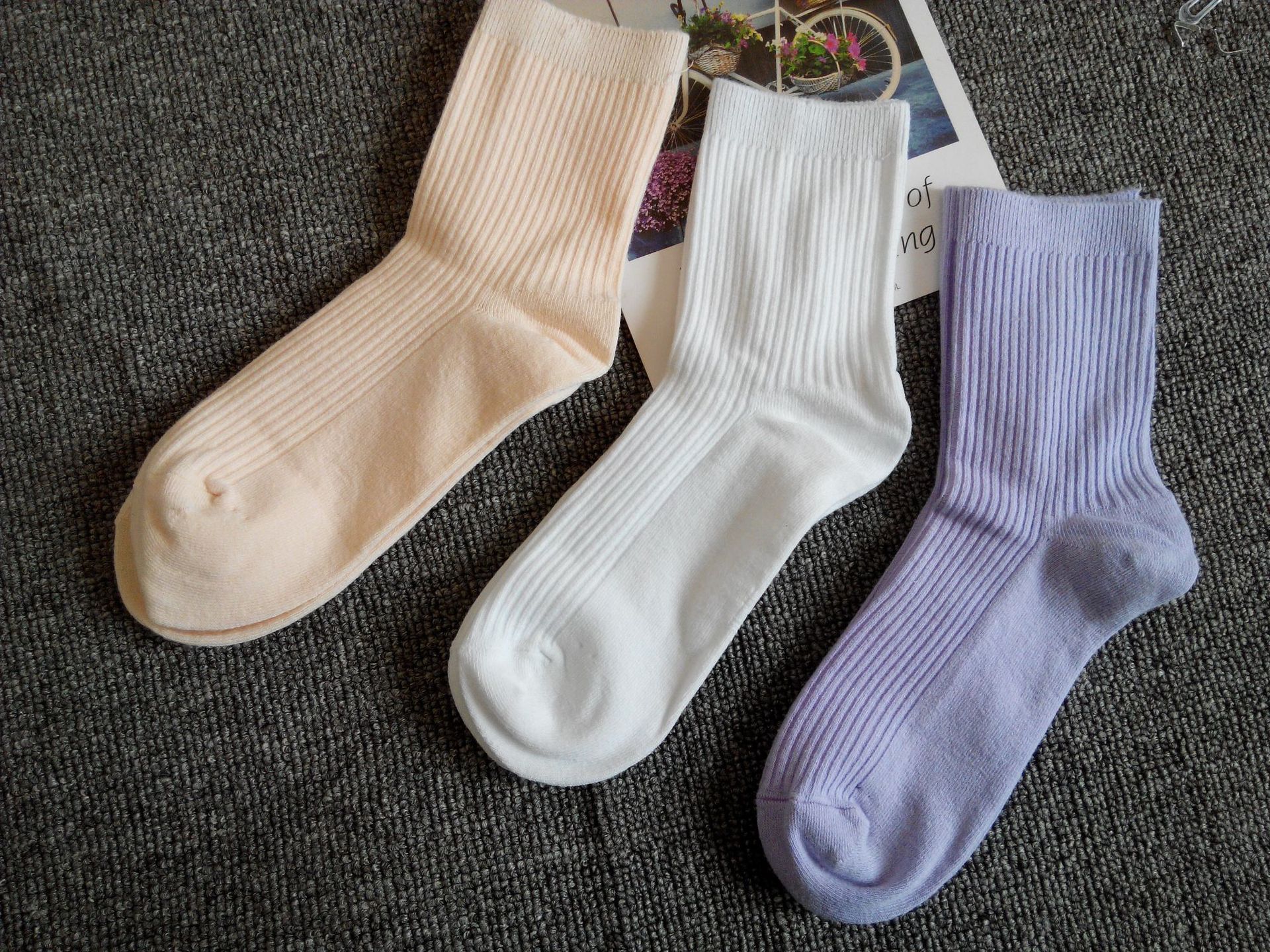 秋冬新款女士双针纯棉袜子白色保暖中筒棉袜运动袜一件代发