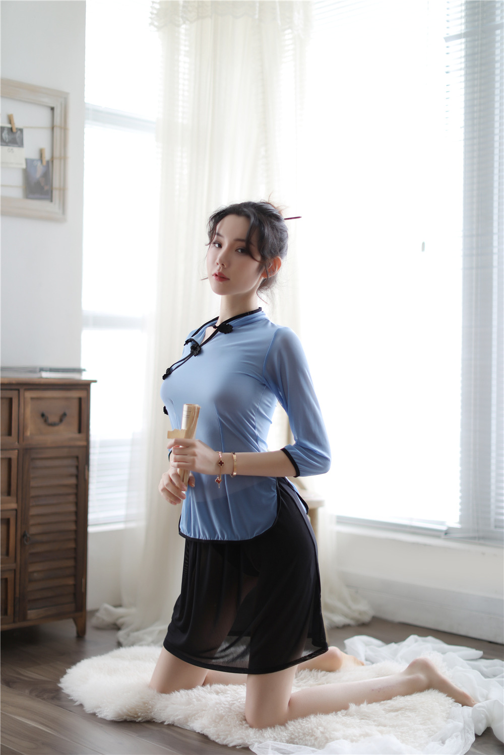 夜未满情趣内衣 网纱短袖性感睡裙透视侧叉制服民国风旗袍学生装