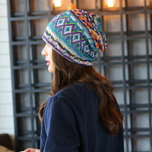 韩版女春秋涂鸦菱形条纹头巾帽子女士套头时尚产妇月子帽