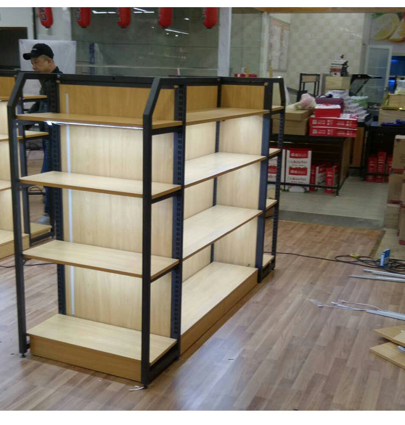 超市钢木货架定制展示架钢木置物架四川厂家批发小家电展示架