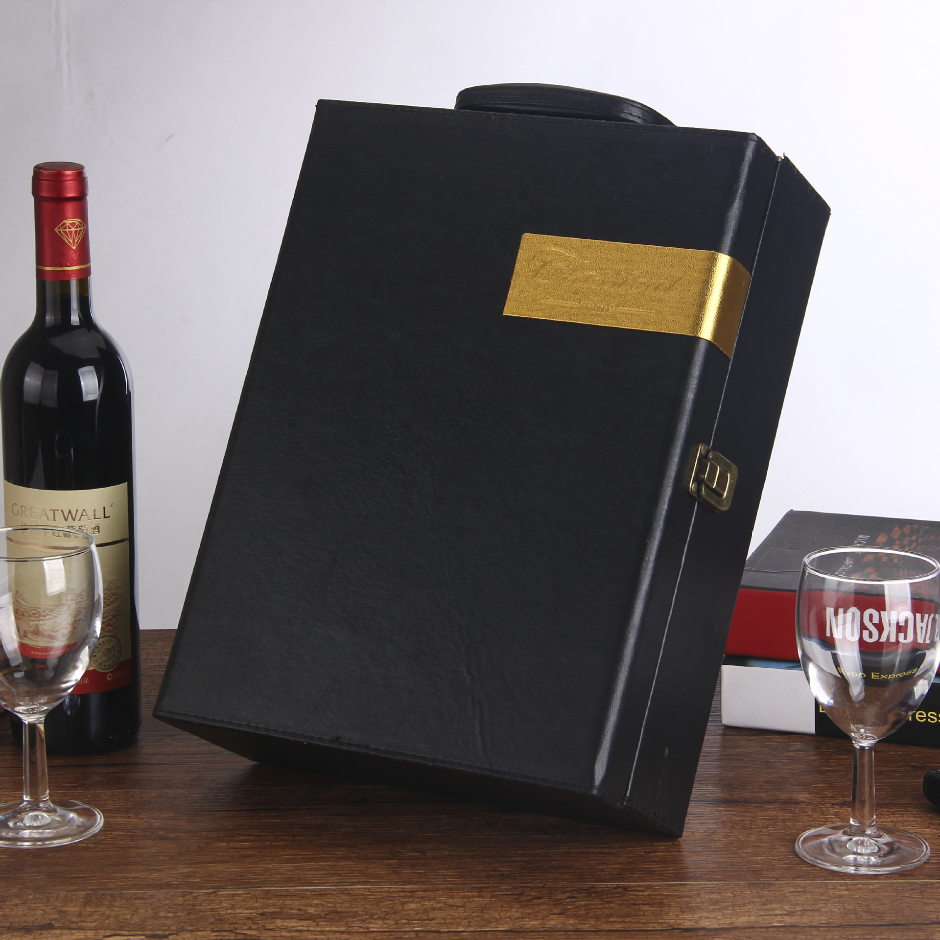 高档双支酒盒礼品包装盒现货高档礼盒礼品包装盒红酒盒皮质酒杯盒
