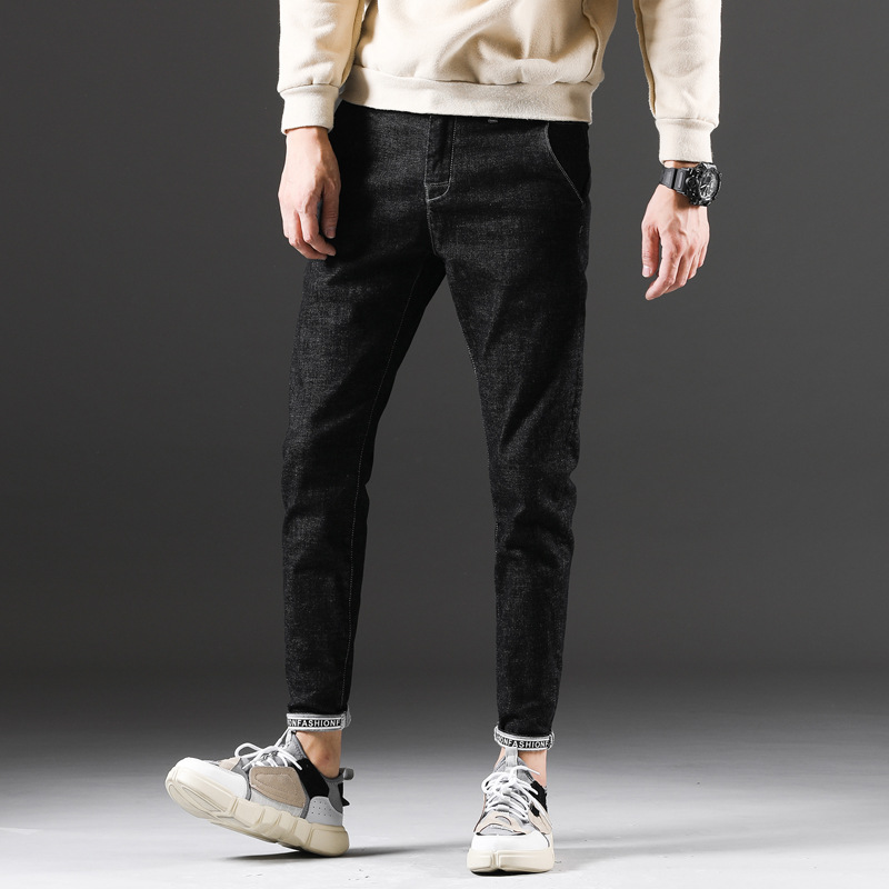 2018新款秋季牛仔裤男牛仔风尚新潮小脚卷边裤潮流哈伦裤男士裤子