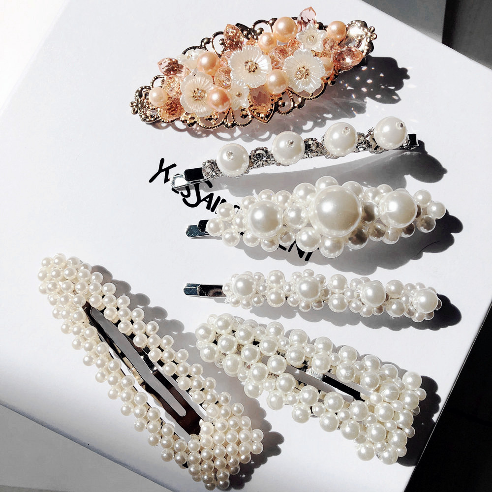 欧美网红同款手工串珠珍珠花朵发夹一字夹梦幻仙女款珠珠发饰边夹