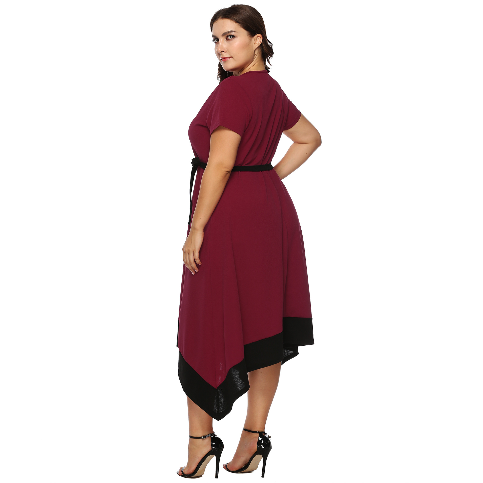 跨境货源大码女装 欧美肥婆圆领拼接不规则大摆中长款连衣裙11002