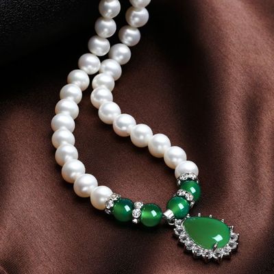 珍珠项链送妈妈婆婆近圆强光淡水珍珠玛瑙项坠女士
