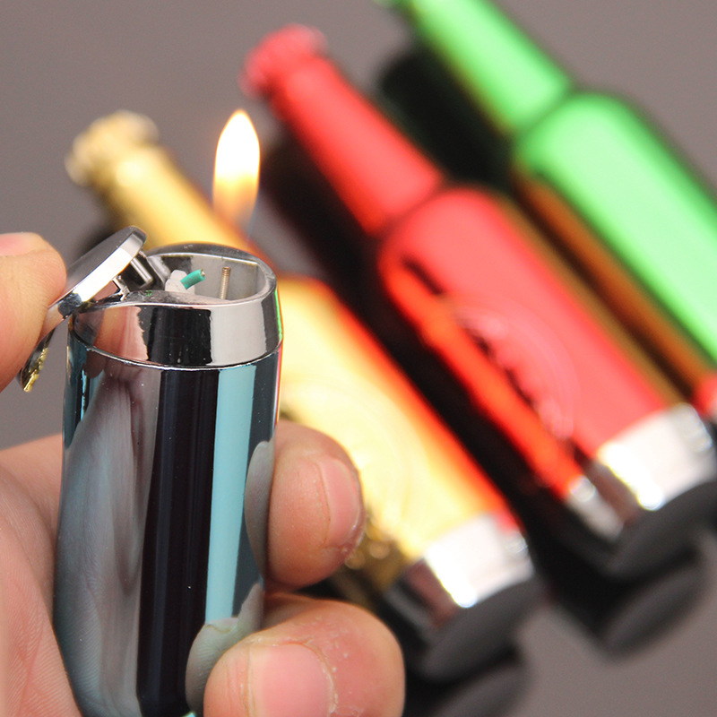 ym100啤酒瓶充气明火打火机 亮面压铸工艺品造型打火机 酒厂赠品