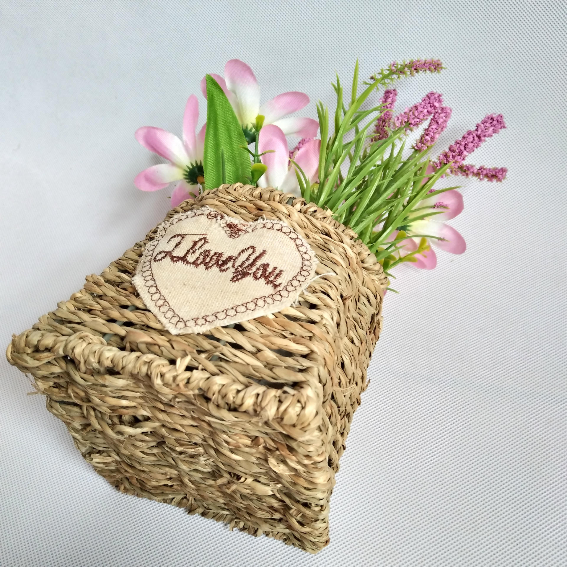 厂家批发桌面式花篮草绳编织正方型干花花器田园风格阳台摆件