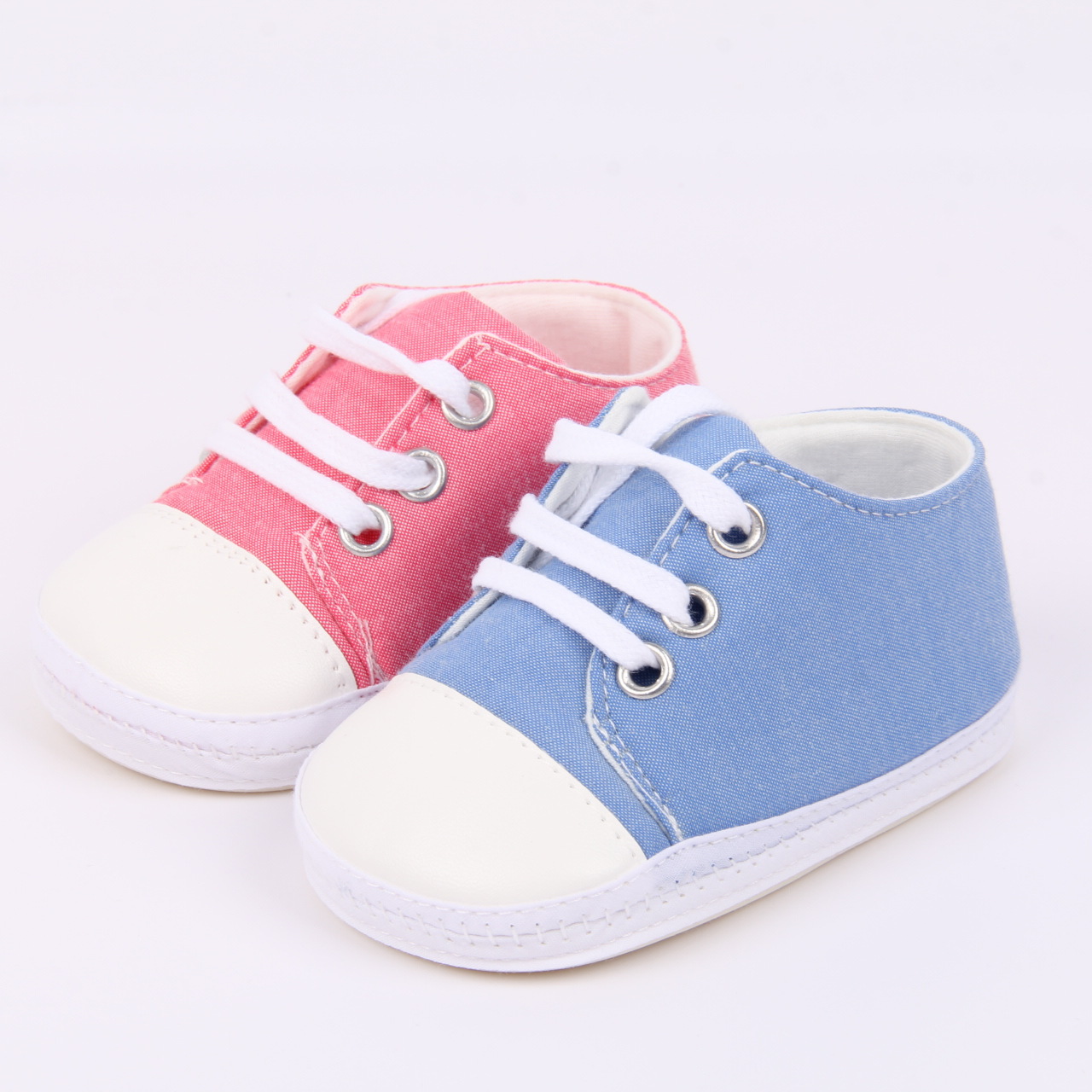 批发 纯棉牛仔布小鞋子 婴幼儿宝宝纯色系带牛筋底学步单鞋 0-1岁