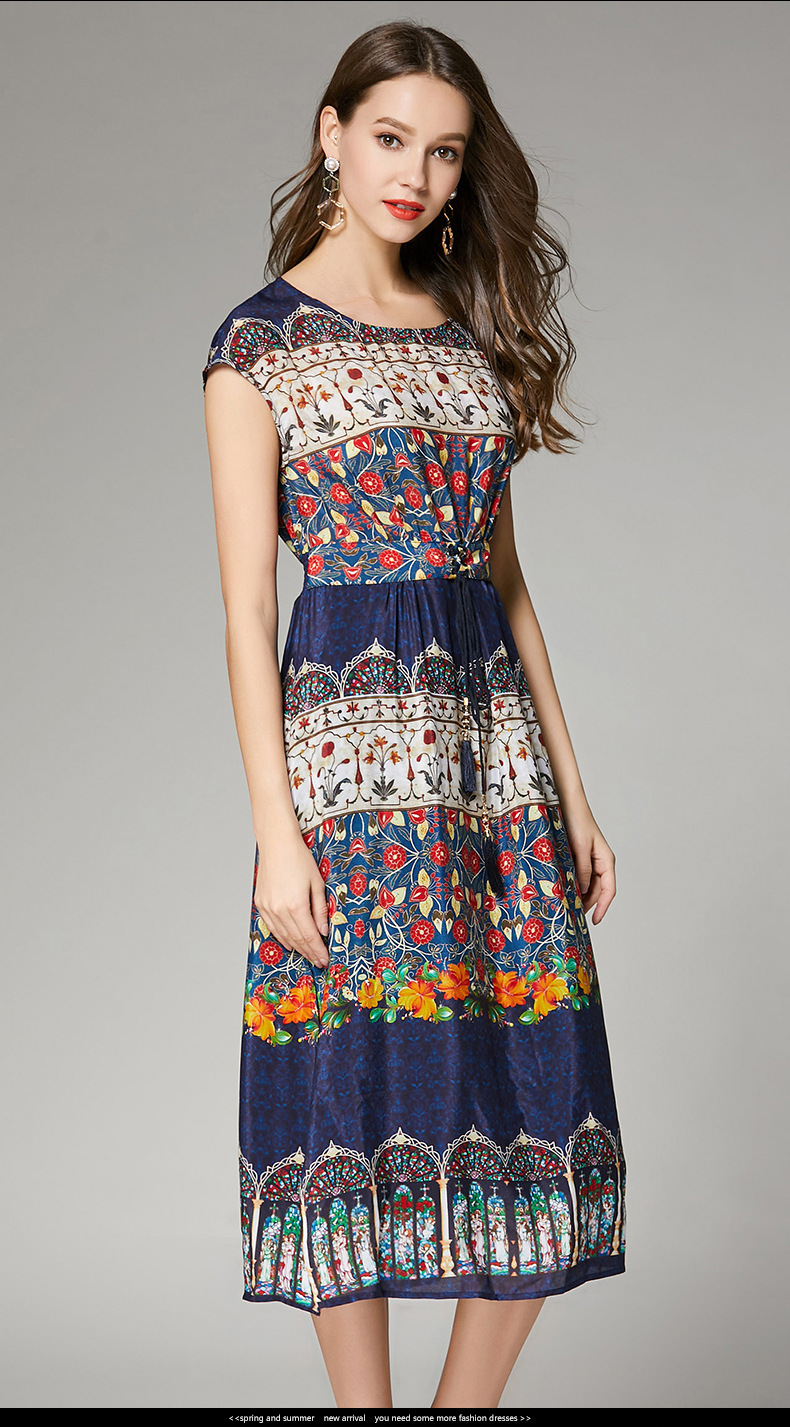 夏季真丝连衣裙新款2018欧美高档正品气质收腰印花桑蚕丝大摆长裙