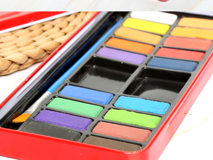 红铁盒固体水粉颜料 环保水彩画水粉画涂鸦粉饼颜料 幼教美术用品